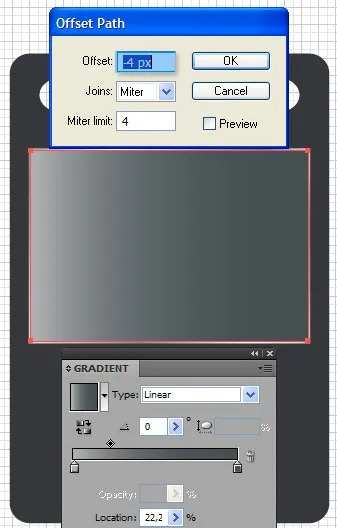 Offset-Pfad mit Grau-Dunkelgrau-Verlauf für den inneren Displayrahmen des Illustrator DVD-Players