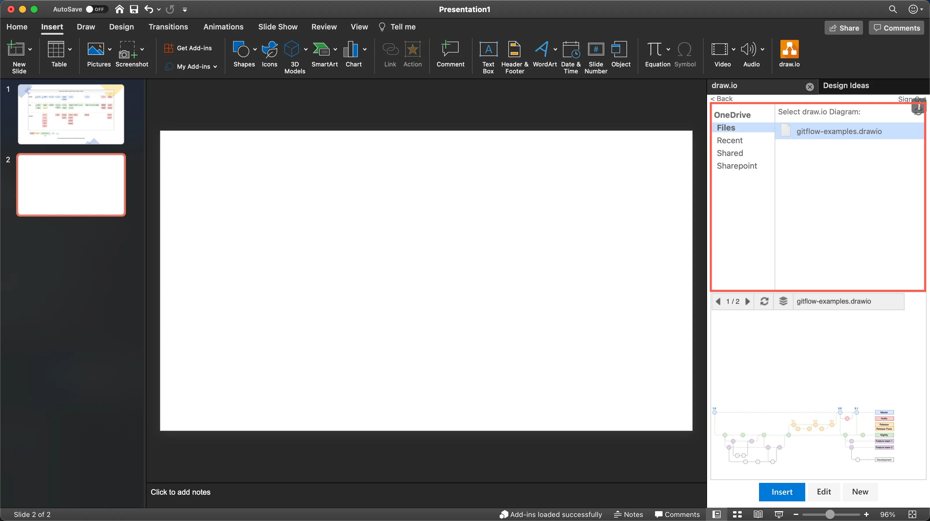 OneDrive Dateiauswahl in der rechten Seitenleiste von PowerPoint, die eine draw.io Diagrammdatei zur Vorschau anzeigt.