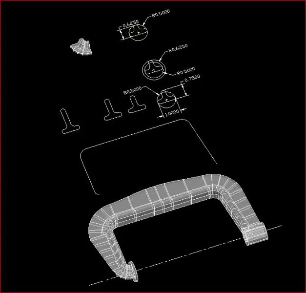 Optimiertes 3D-Modell eines Klemmteils in AutoCAD, das die dimensionale Herausforderung mit Profil D und der Auflagefläche illustriert