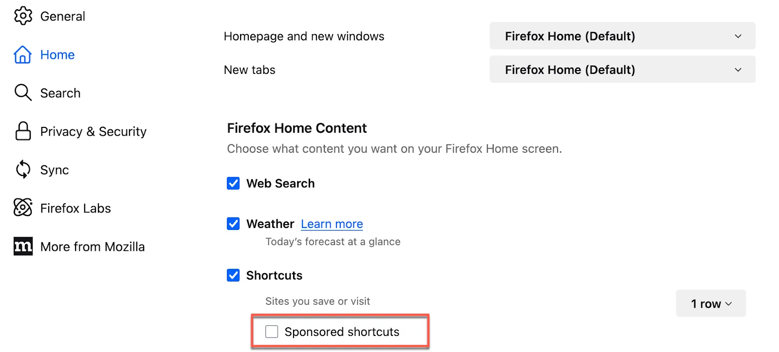 Option für gesponserte Verknüpfungen in den Firefox-Einstellungen