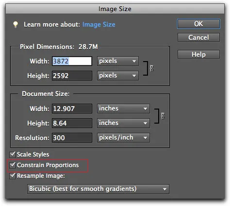 Option „Proportionen beschränken“ in Photoshop Elements 9 für Größenänderungen