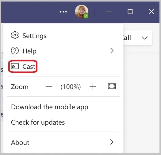 Option 'Übertragen' im Microsoft Teams Einstellungsmenü