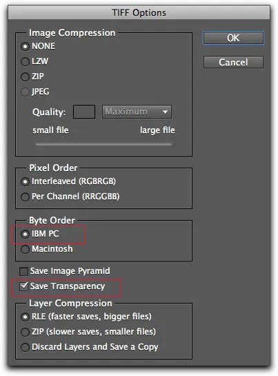Option zum Speichern von TIFF-Dateien mit Alpha-Kanal für PCs