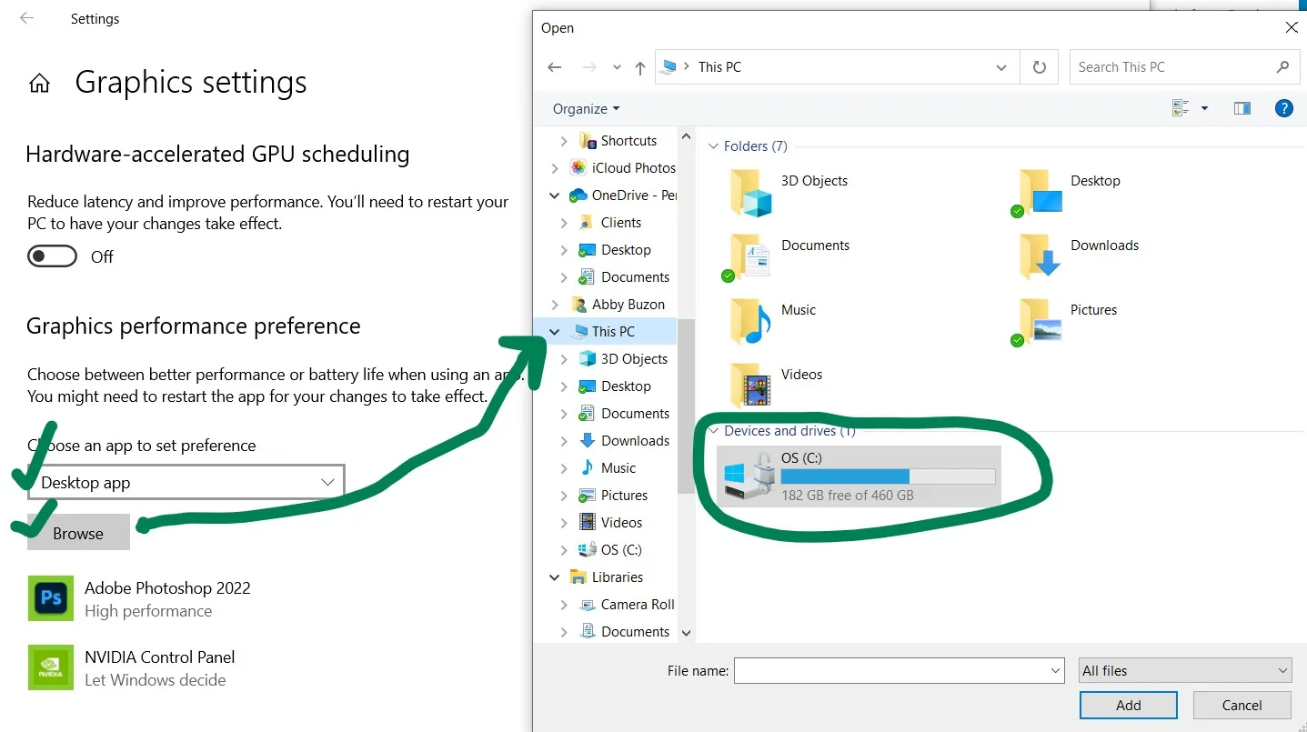 Option zur Auswahl von Desktop-Apps und dem Durchsuchen von Dateien