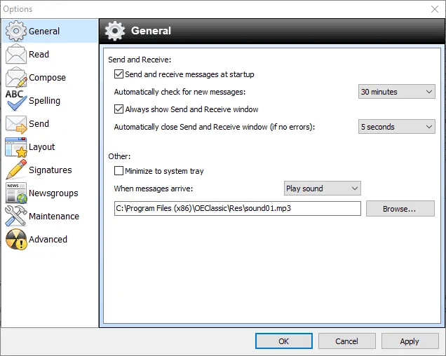 Optionen und Einstellungen in OE Classic, zur Anpassung des E-Mail-Clients an individuelle Bedürfnisse.