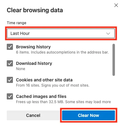Optionen zum Löschen von Browserdaten in Edge