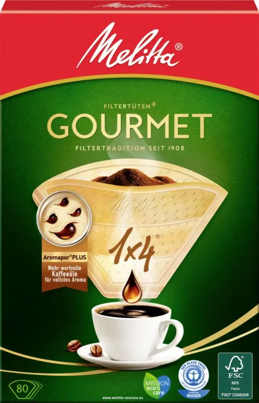 Packung Melitta Filtertüten 1x4 Gourmet, passend für die Moccamaster Kaffeefiltermaschine