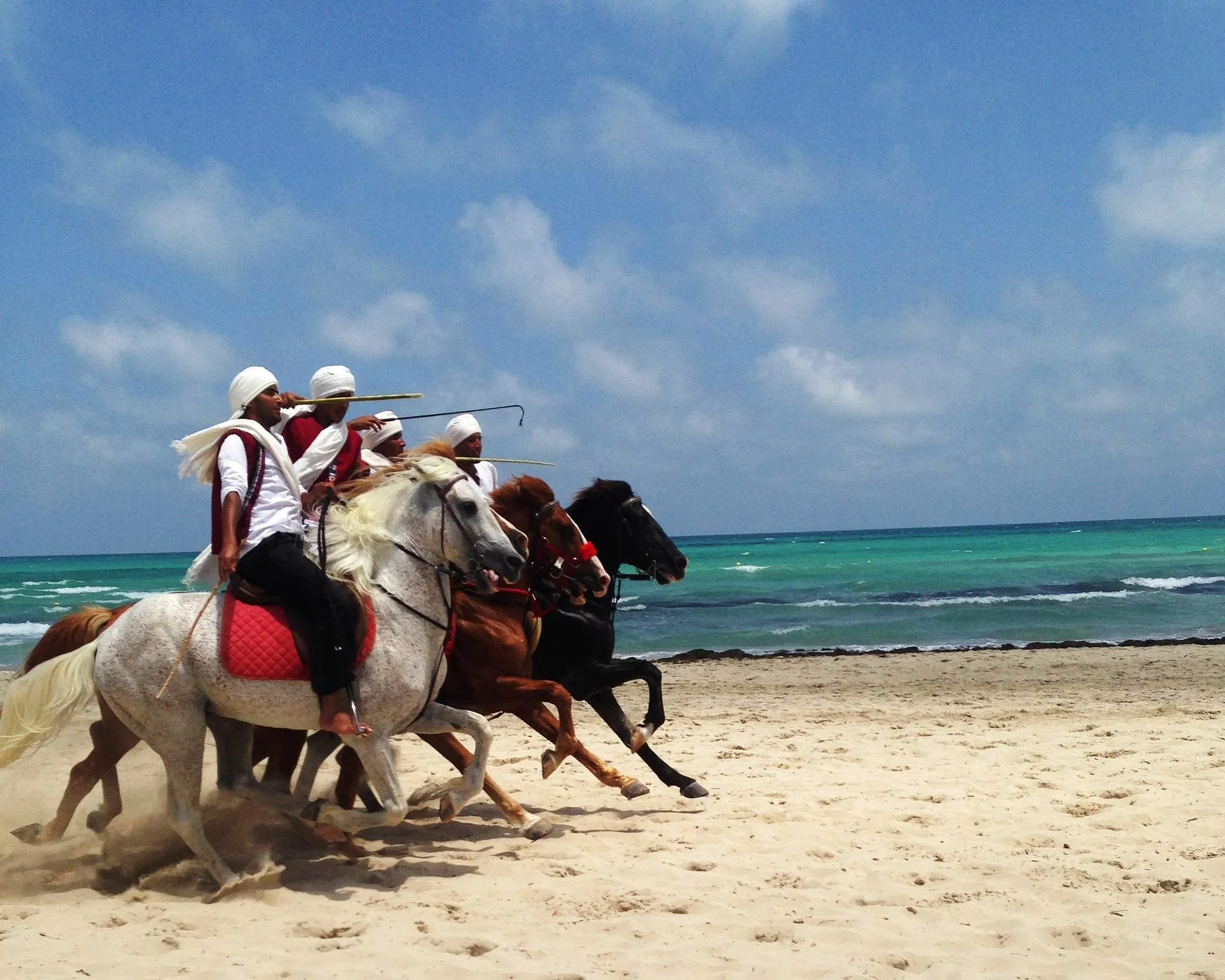 Palmenstrand auf der tunesischen Insel Djerba mit türkisblauem Meer