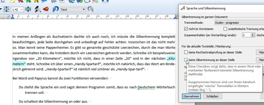 Papyrus Autor zeigt, wie eine ungewollte Silbentrennung manuell ausgeschaltet werden kann, um das Layout zu kontrollieren.