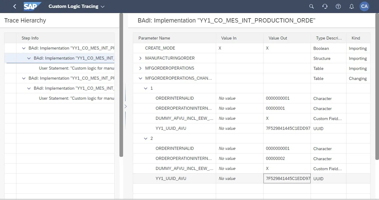 Parameterwerte in der Trace-Datei, die die erfolgreiche UUID-Generierung zeigen