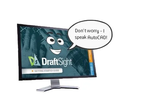PC mit DraftSight Getting Started Guide und Sprechblase: