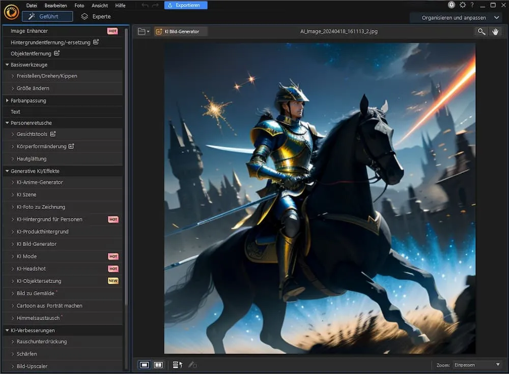 PhotoDirector Benutzeroberfläche zur KI-Bildbearbeitung mit Fotoverwaltung