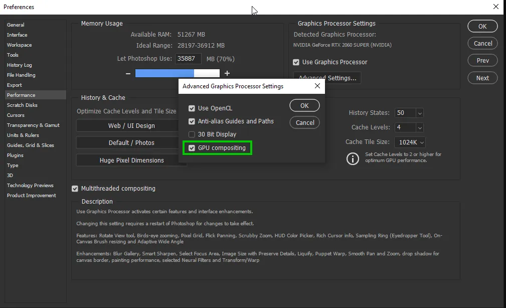 Photoshop Leistungseinstellungen GPU Compositing deaktivieren