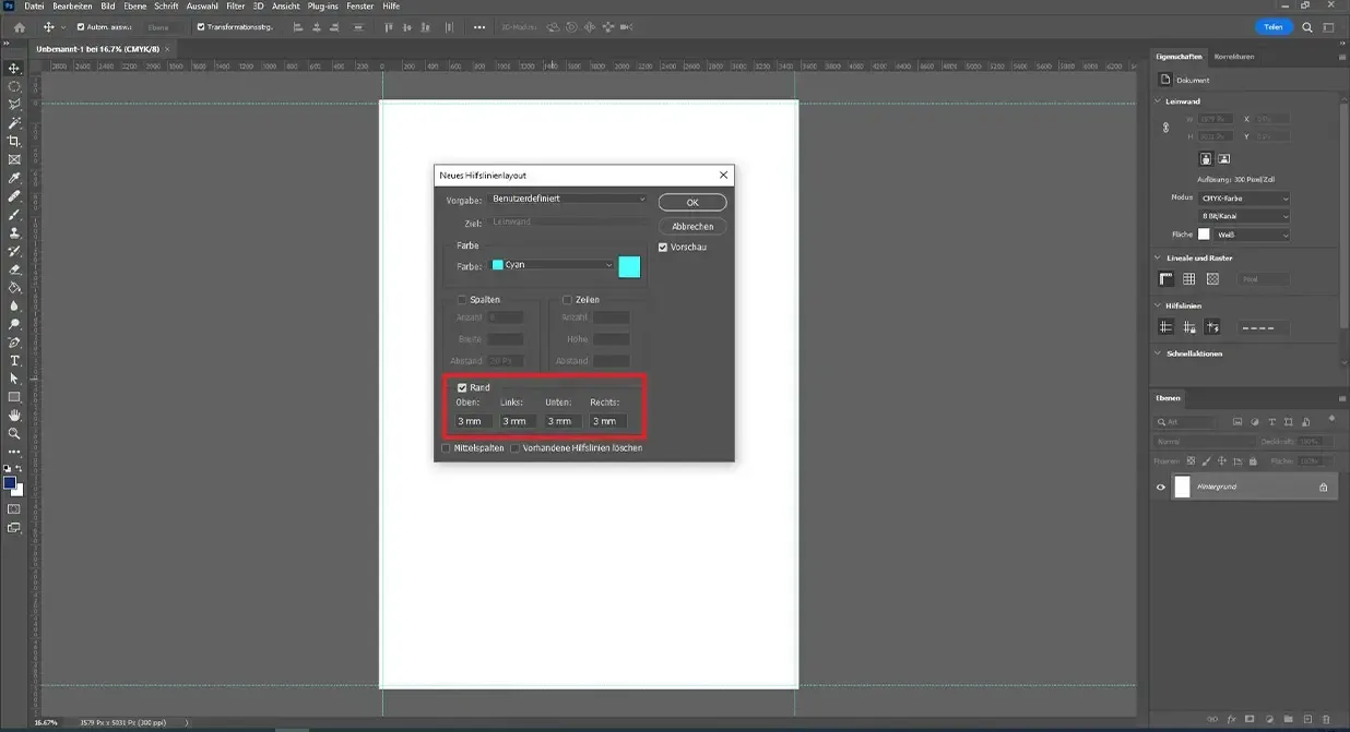 Photoshop 'New Guide Layout' dialog box for setting the bleed margin