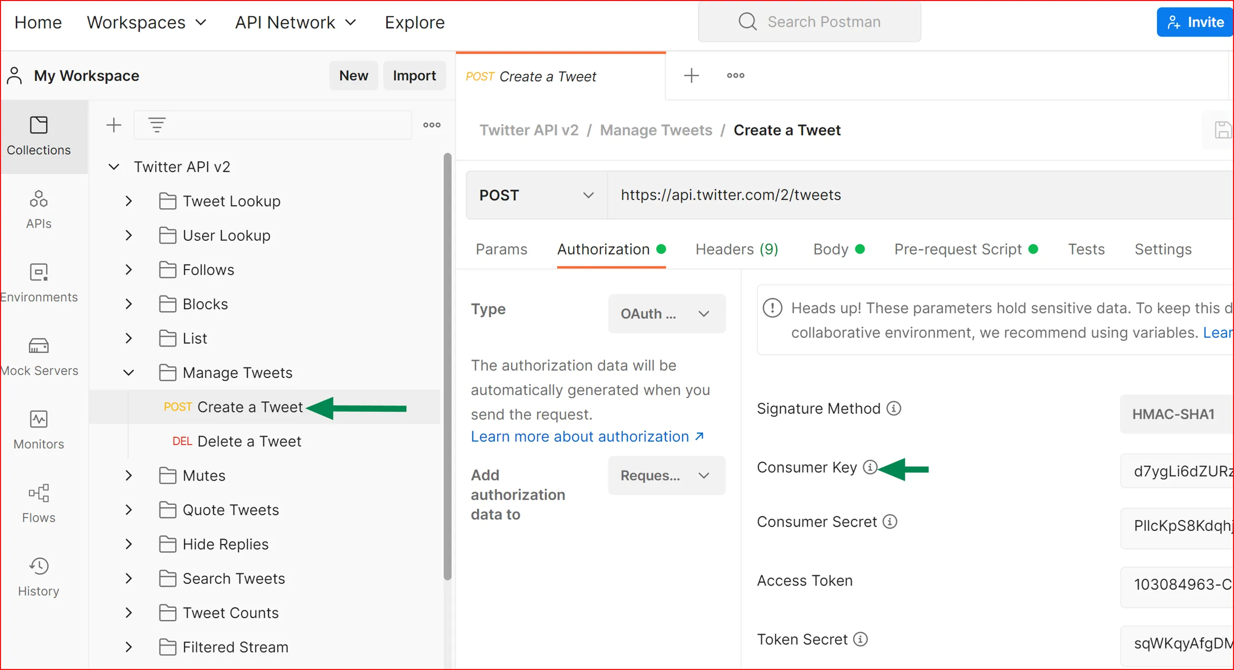 Postman-Anfrage zum Senden eines Tweets über die Twitter API