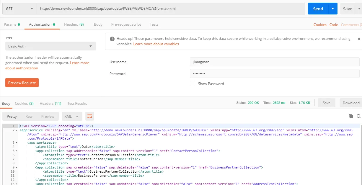 Postman-Antwort mit OData-Entitätstypen