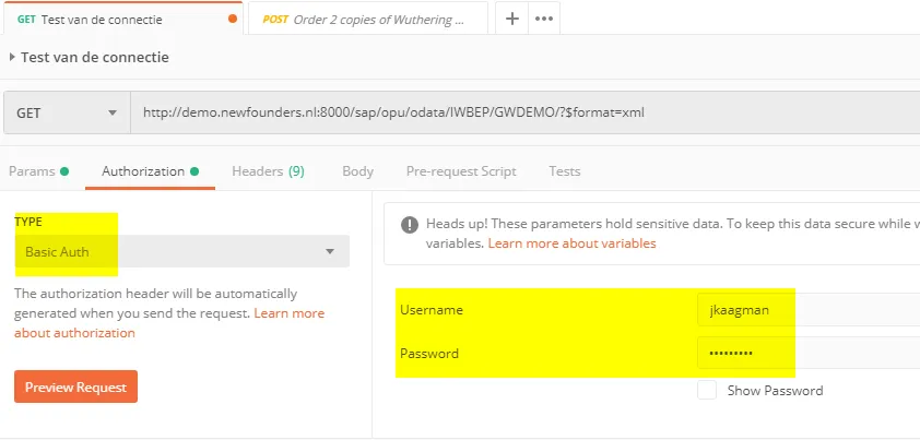 Postman-Einstellungen für Basic Auth in OData-Anfrage