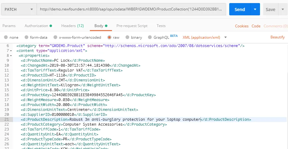 Postman-PATCH-Anfrage zur Aktualisierung eines OData-Eintrags