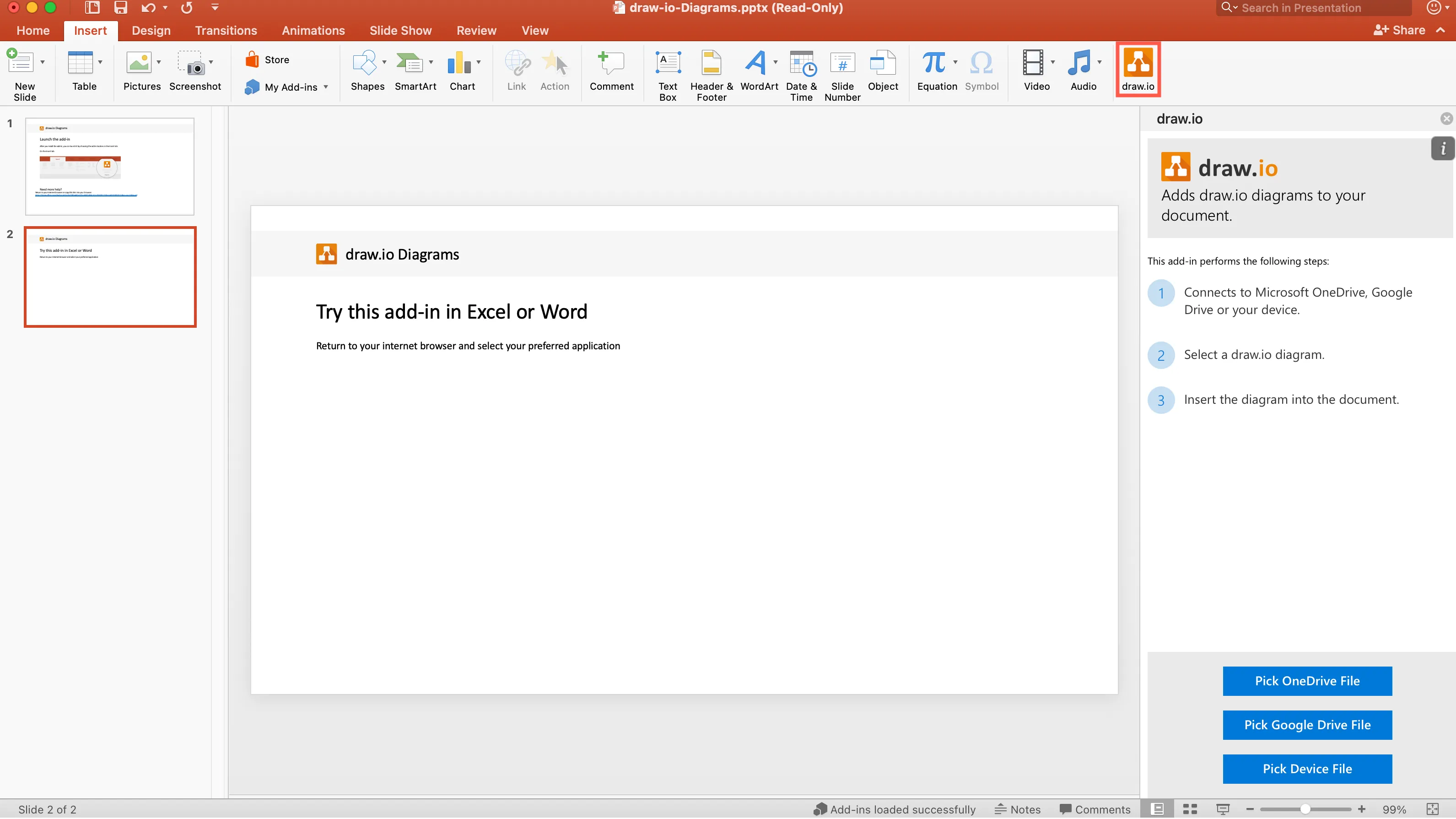 PowerPoint-Folie mit Anweisungen zum draw.io Add-In und dem draw.io Werkzeug in der Registerkarte &quot;Einfügen&quot; nach erfolgreicher Installation.