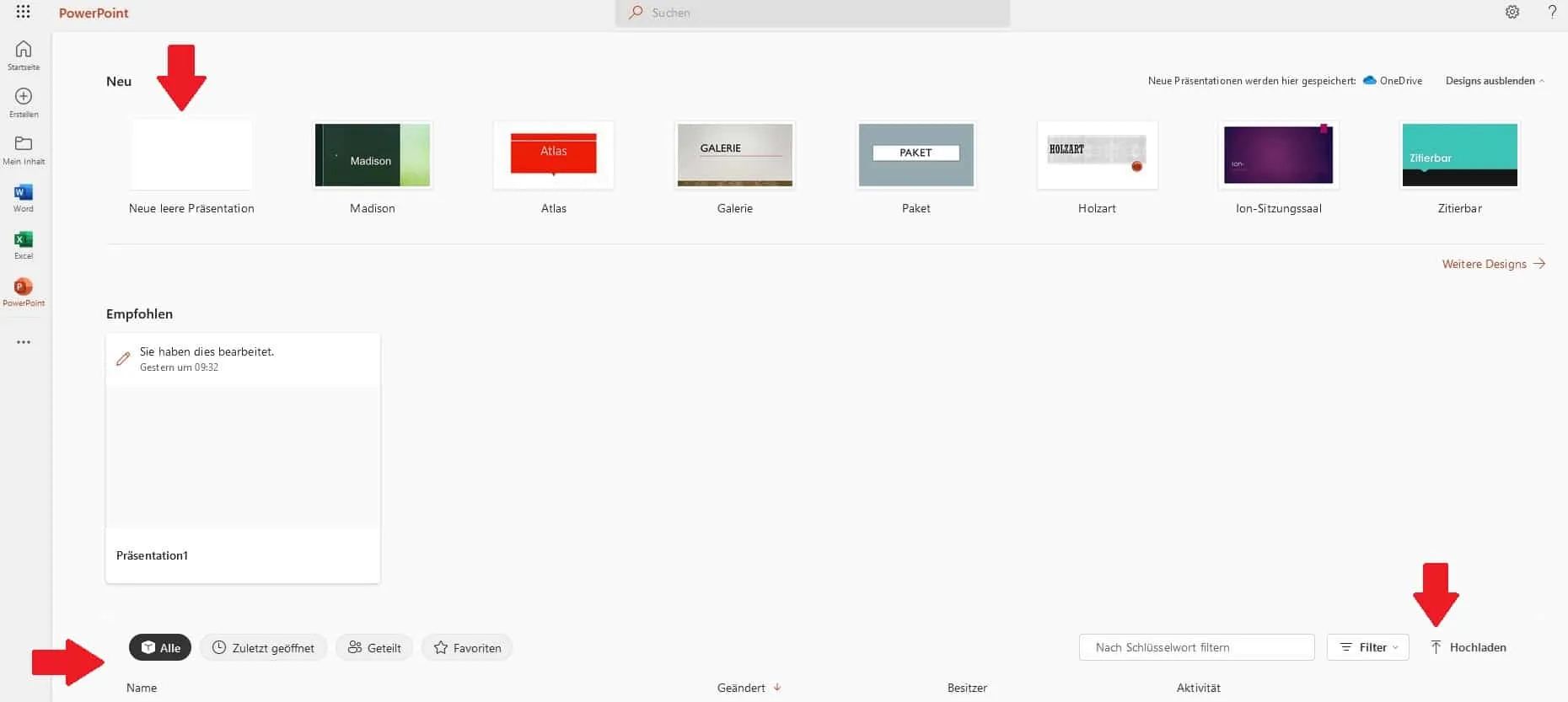 PowerPoint Online Benutzeroberfläche zur Präsentationserstellung