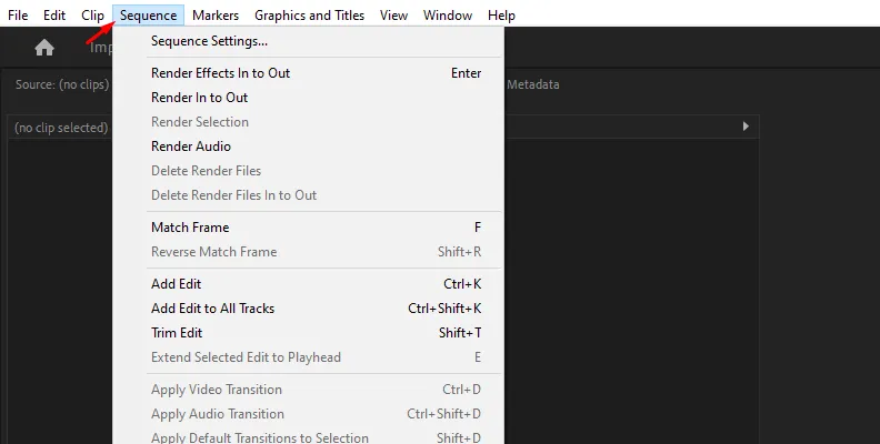 Premiere Pro Sequenz-Menü: Optionen zum Starten des Renderings