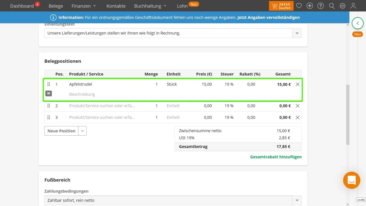 Produkte und Dienstleistungen zur Lexoffice Rechnung hinzufügen
