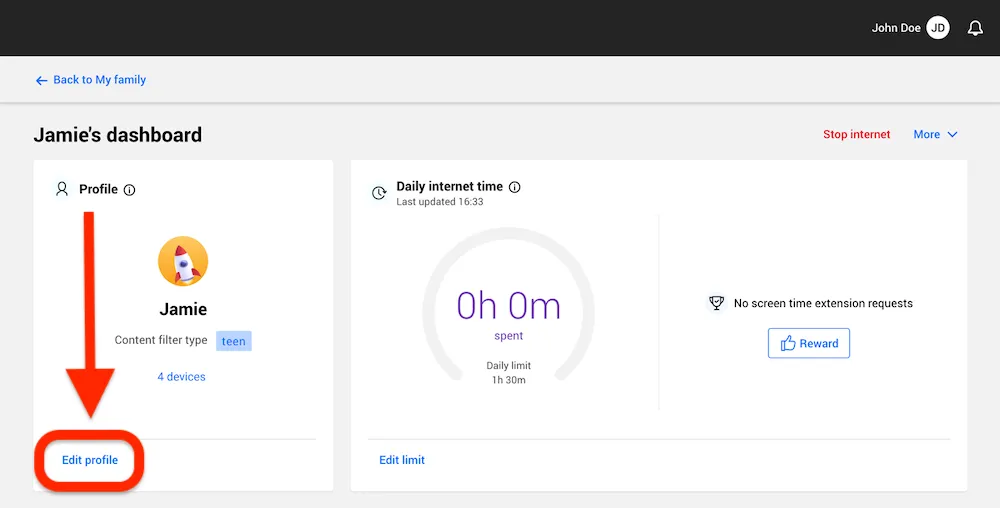 Profilbearbeitung für Kinder im Bitdefender Family Plan