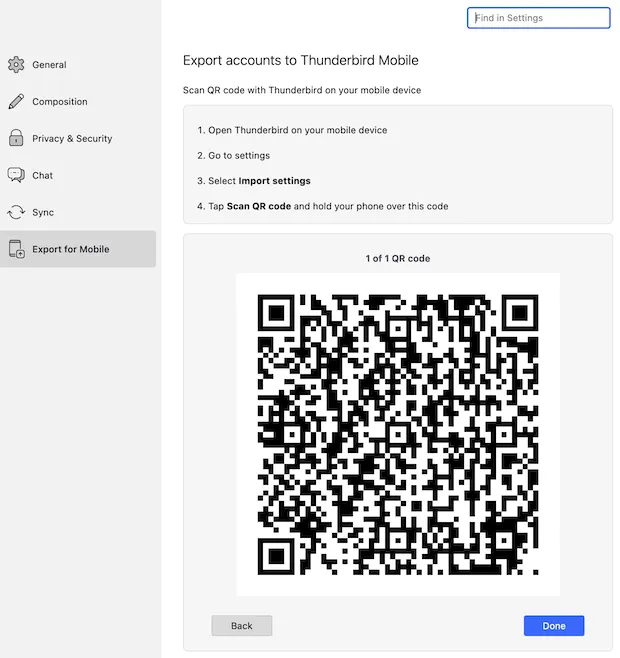 QR-Code für den Import von Thunderbird Desktop-Einstellungen in Thunderbird für Android