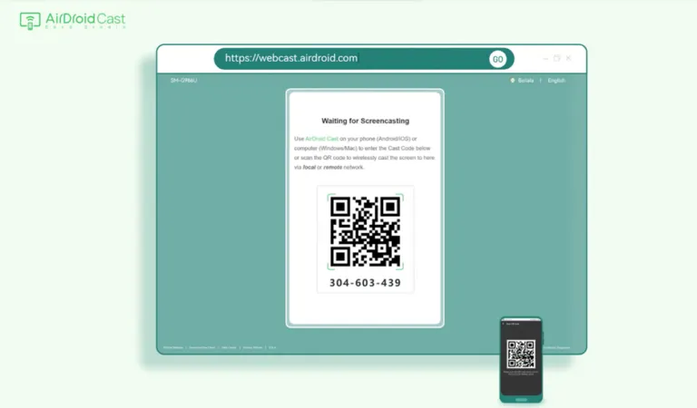 QR-Code und Übertragungscode auf der AirDroid Cast Web-Seite für die Verbindung
