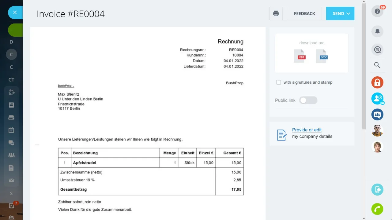 Rechnungsdokument in Bitrix24 anzeigen und Optionen