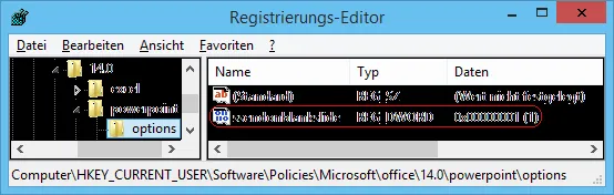 Registrierungseditor zeigt den SSEndOnBlankSlide DWORD-Wert zur Konfiguration der schwarzen PowerPoint Folie