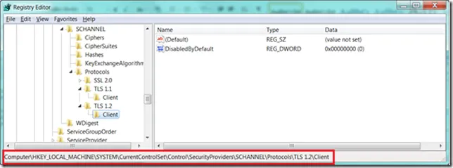 Registrierungseinträge für TLS 1.1 und TLS 1.2 in Windows 7