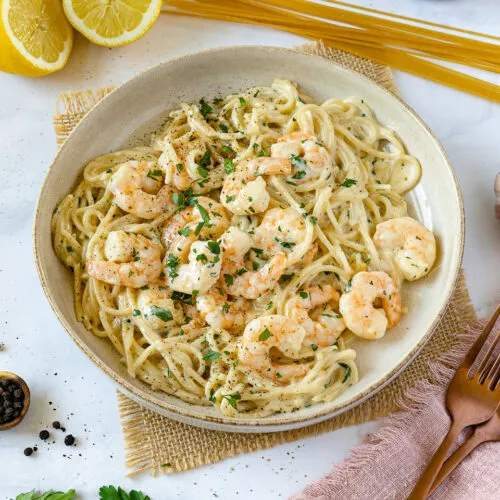 Rezept für Spaghetti Alfredo mit gebratenen Garnelen