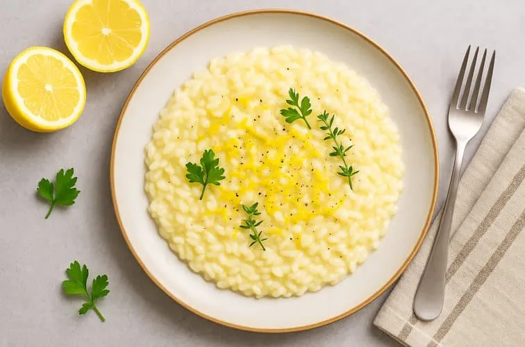 Risotto al Limone, garniert mit Petersilie und schwarzem Pfeffer