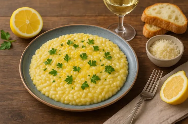 Risotto al Limone mit Petersilie, dazu ein Ciabatta Brot und ein Glas Weißwein