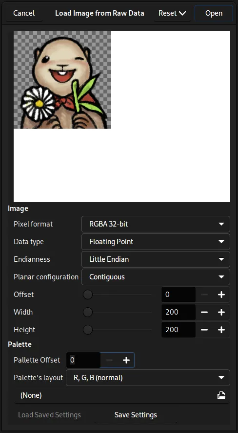 Rohdaten-Importdialog mit mehr Einstellungen und viel mehr unterstützten Formaten in GIMP 2.99.12