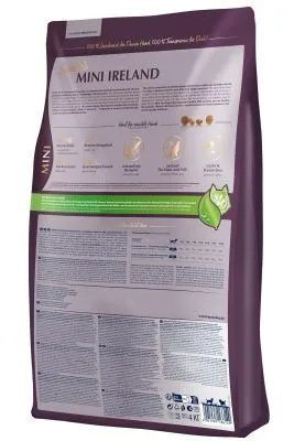 Rückseite der Happy Dog Mini Ireland Hundefutter-Verpackung mit detaillierten Nährwertangaben