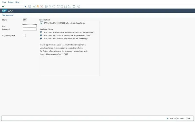SAP Anmeldebildschirm zur Eingabe von Client und Anmeldedaten
