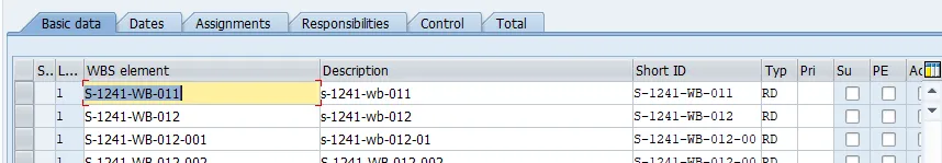 SAP-Ansicht: WBS-Element nach Positionierung zur Bearbeitung bereit in CJ20