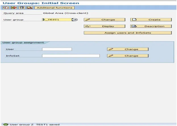 SAP Bildschirm: Benutzergruppe erfolgreich gespeichert (SQ03)