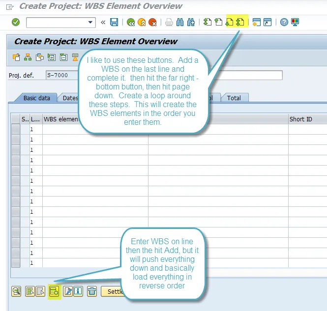 SAP CJ01: Schaltflächen zum Einfügen und Navigieren von WBS-Elementen