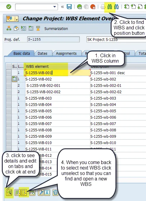 SAP CJ20: Optionen zum Deselektieren und Suchen weiterer WBS-Elemente in der Liste