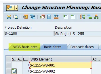 SAP CJ20: Registerkarte "Grunddaten" mit Suchfunktion für WBS-Elemente