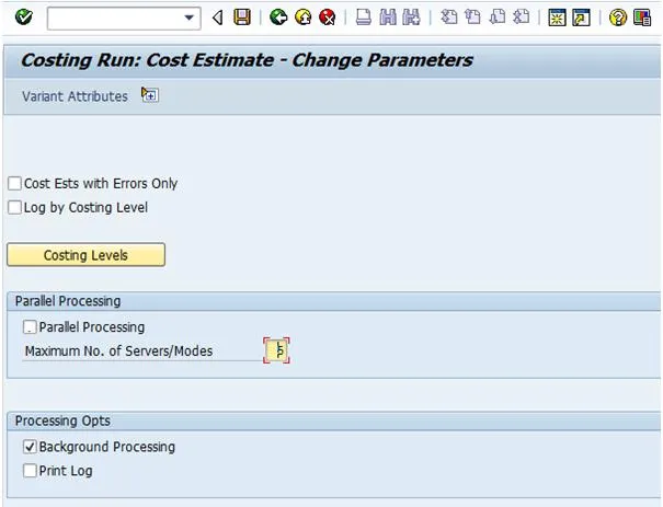 SAP CK40N Kalkulationsparameter, inklusive Option zur Aktivierung der Hintergrundverarbeitung