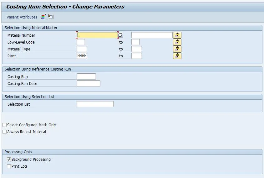 SAP CK40N Parameter für die Materialauswahl, inklusive der Option für die Hintergrundverarbeitung