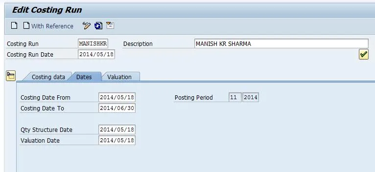SAP CK40N Startbildschirm zur Definition des Kalkulationslaufs mit Gültigkeitsdaten