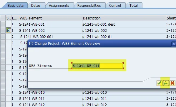 SAP Dialogfenster: WBS-Element eingeben und Positionieren in Transaktion CJ20