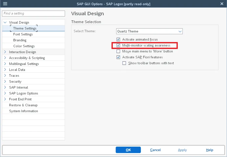 SAP GUI Einstellung zur Aktivierung der Multi-Monitor-Skalierungsunterstützung in Version 7.70