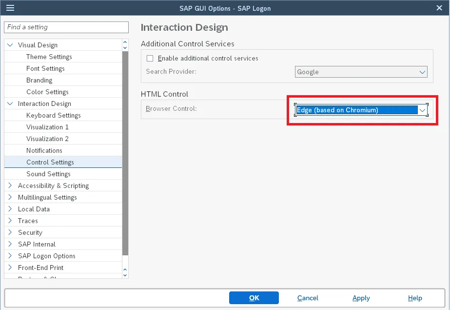 SAP GUI Optionen Dialog zur Aktivierung des Edge (Chromium) basierten WebView2 Controls