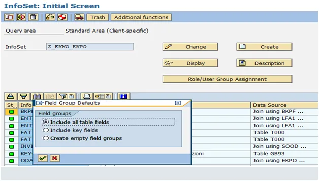SAP InfoSet SQ02: Auswahl der Tabellenfelder und Schlüsselfelder